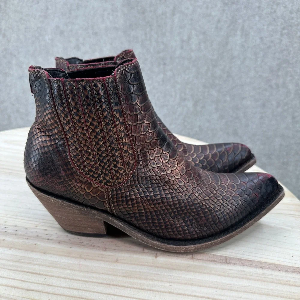 Snakeskin Embossed Ankle Boots Womens 9 Copper Leather Western Point Toe